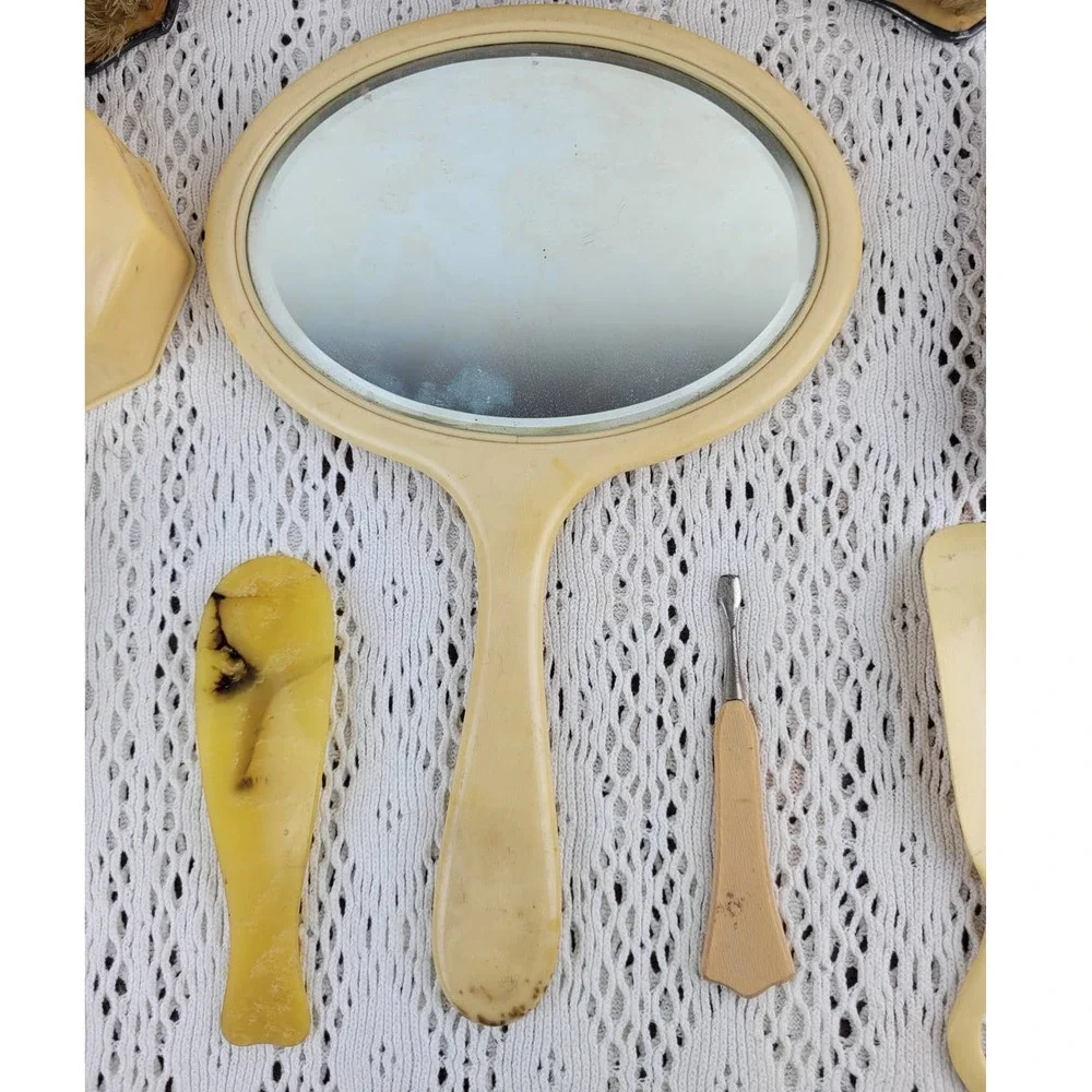 Vintage Celluloid or Pyralin Brush Frame Mirror Shoe Horn Nail Vanity Set of 11